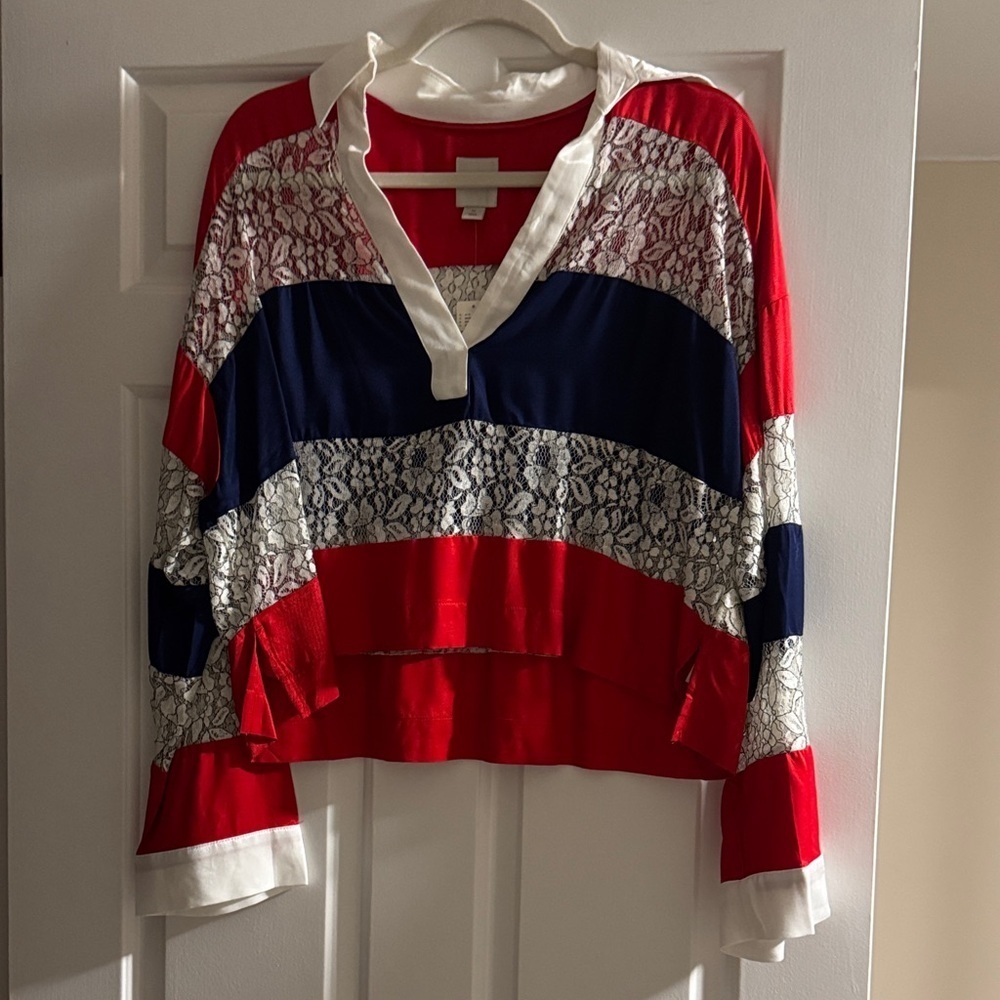 Maeve Red and Blue Lace Panel Cropped Oversized Polo